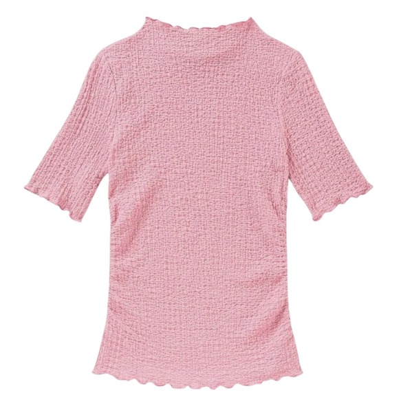 a new day Tops - Womens Short Sleeve Mock Neck Textured Popcorn Top Pink Small Lettuce Edge